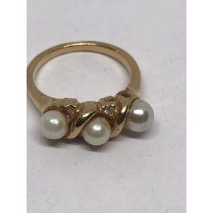 Vintage Signed  S Gold Tone Three Faux Pearl Clear Rhinestone Ring Size 7.25
